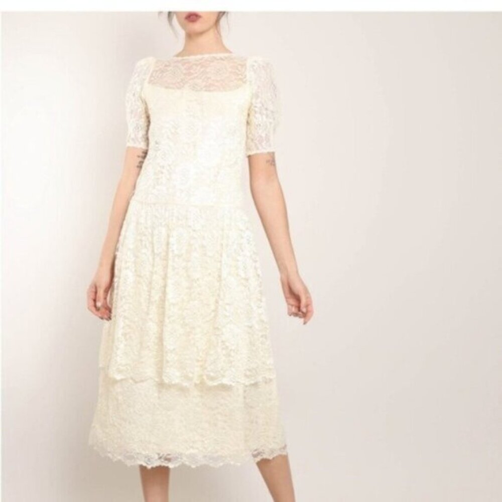 Ivory Lace Midi Dress with Sheer Yoke